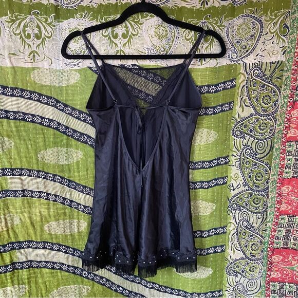 Vintage Y2K Black Silk Bedazzled Fringe Slip Dress Size Extra Small - Picture 10 of 15